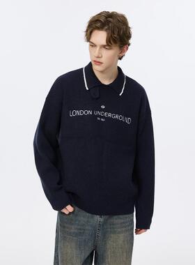 Endweep 翻领套头毛衣男女秋季高街复古美式国潮百搭情侣长袖上衣