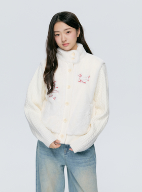 KSXN 毛绒立领外套秋冬季甜美仿兔毛女刺绣夹棉上衣