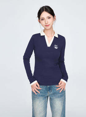 【Endweep官方店】樱桃刺绣polo领长袖T恤修身女款显瘦辣妹上衣