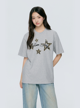 KSXN 美式星星豹纹圆领短袖T恤夏季宽松休闲百搭情侣半袖显瘦上衣