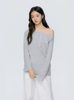 KSXN 条纹斜肩长袖莱赛尔舒弹宽松露肩亨利领T恤松弛感百搭上衣