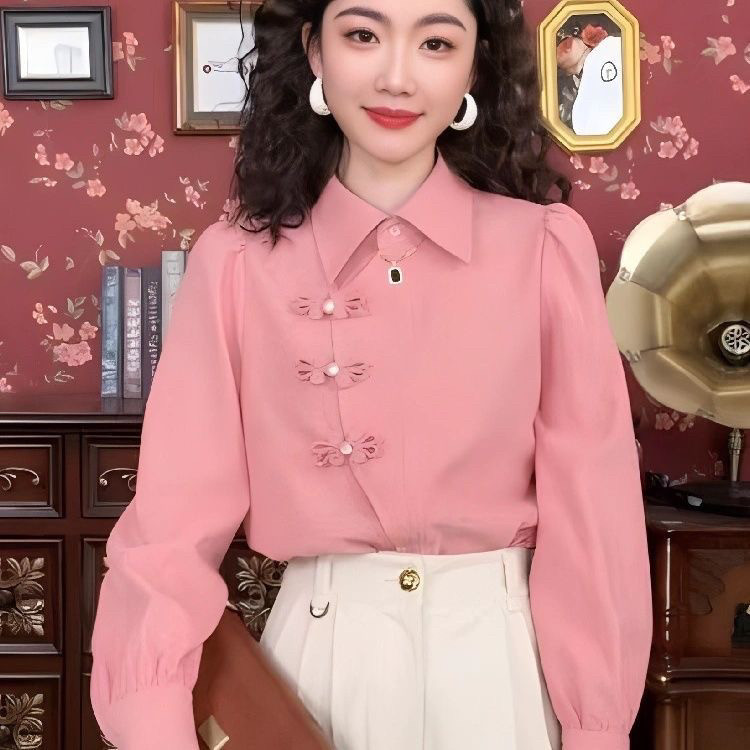 新中式女装盘扣设计感长袖衬衣秋冬新款加厚衬衫别致漂亮复古上衣