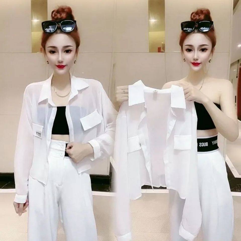 雪纺防晒衣女2022夏季新款韩版百搭衬衫印花开衫短款度假风防晒衣