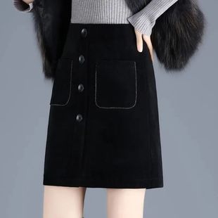 黑色半身裙秋冬短裙高腰防走光A字直筒裙新款显瘦配靴子包臀裙潮