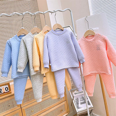 儿童保暖内衣套装男童纯棉加厚上衣女童三层夹棉睡衣冬款加绒