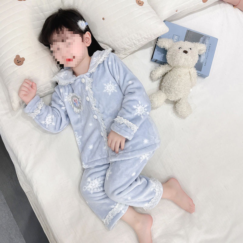 女童秋冬法兰绒保暖家居服珊瑚加厚艾莎宝宝网红公主睡衣套装
