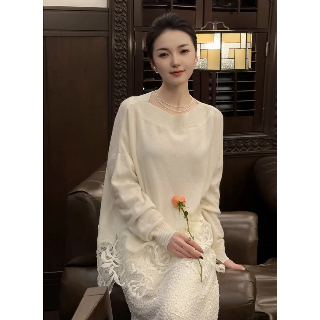 【春春Spring】蕾丝刺绣上衣女松弛优高子分子宽松针织衫利益毛衣