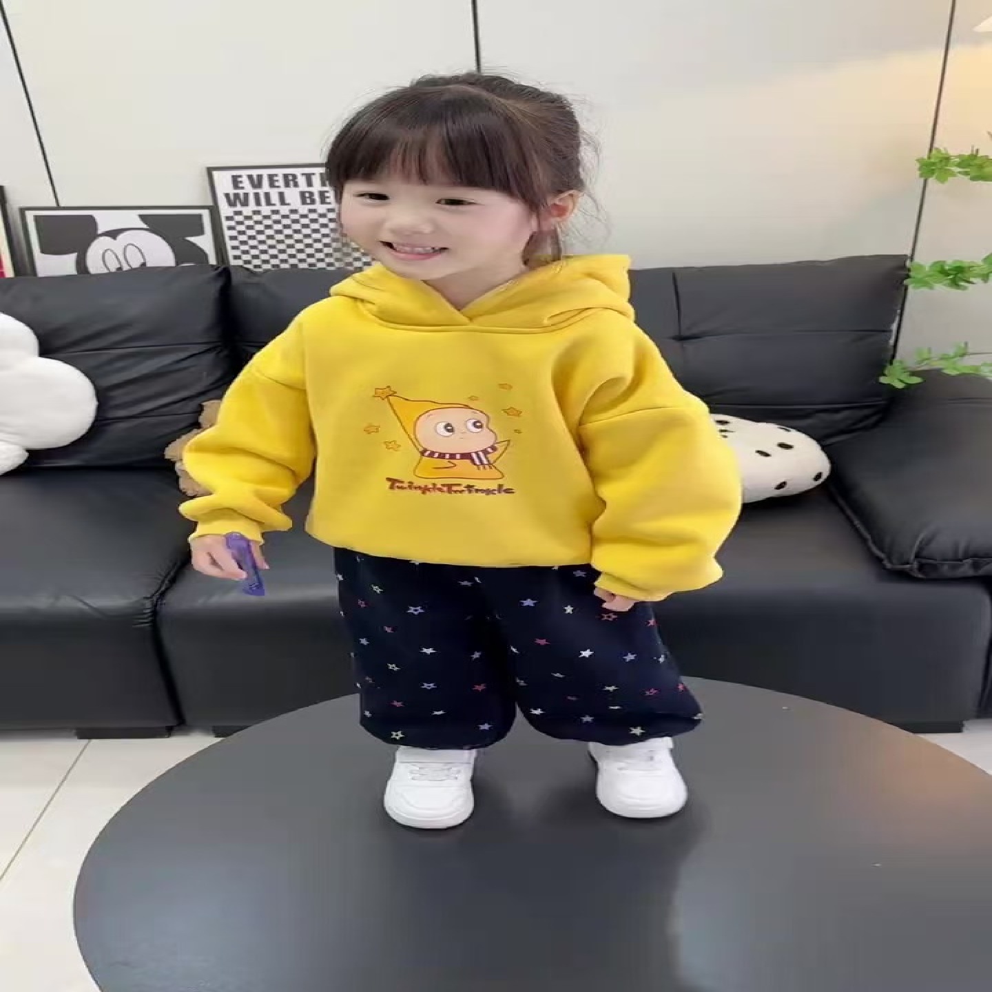 2025新款男女童加绒套装冬季韩版连帽卫衣卡通精灵加厚星星裤子