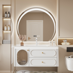 法式奶油风烤漆浴室柜镜柜组合卫生间陶瓷一体洗脸盆洗漱台洗手盆