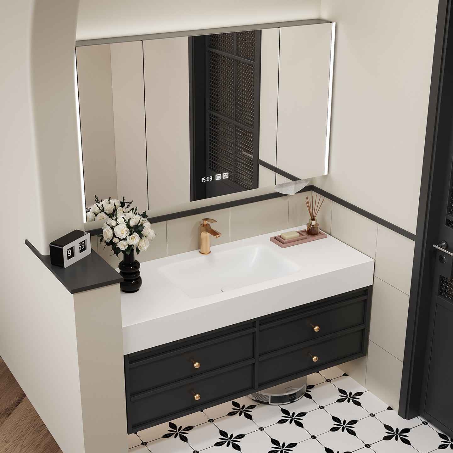 法式复古黑色岩板热弯一体盆浴室柜镜柜组合卫生间洗脸盆柜洗漱台