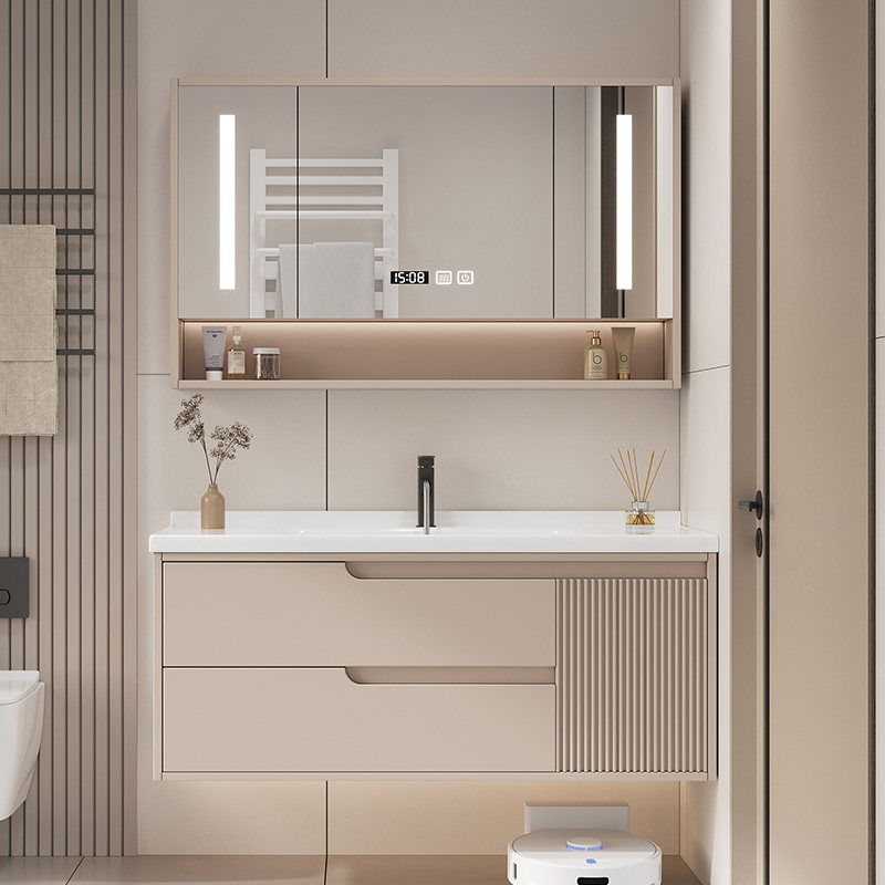 轻奢奶油风浴室柜一体盆陶瓷洗脸盆卫生间洗手盆柜组合洗漱洗手台
