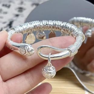 999纯银吉言平安锁手镯女铃铛福字猫爪盘缠手环时尚百搭生日礼物