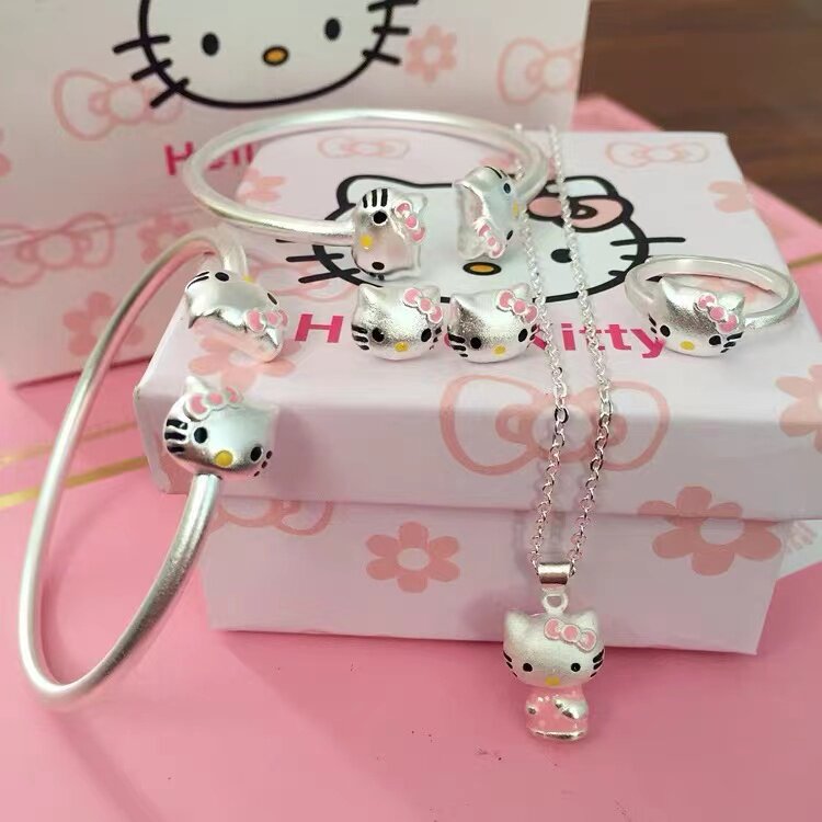 925纯银hello kitty凯蒂猫婴儿童宝宝手镯子男女款小孩手镯银饰品