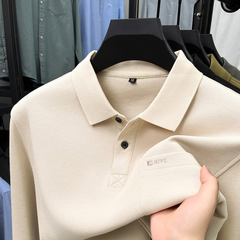 爸爸装长袖T恤男士中年纯色丝光棉有领POLO衫秋季休闲真口袋兜T恤