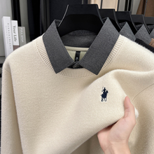 雪尼尔衬衫领毛衣男加绒加厚冬季男士刺绣假两件针织衫内搭保暖潮