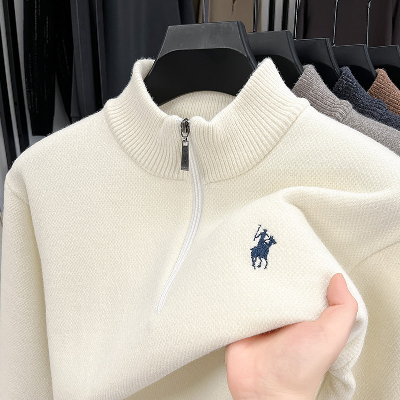 刺绣半拉链一体绒雪尼尔男士毛衣