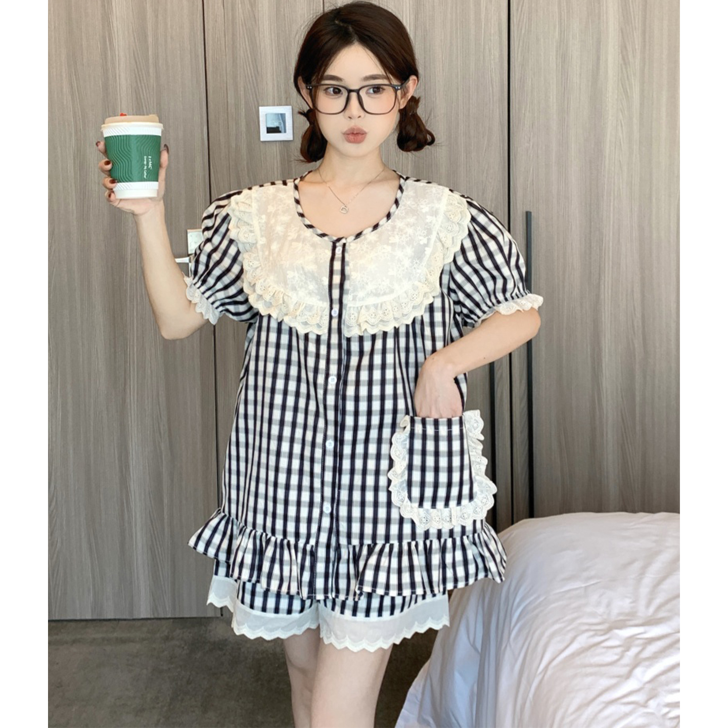 韩版甜美格子刺绣蕾丝睡衣女夏季新款情侣短袖短裤休闲家居服套装