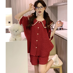 本命年红色碎花娃娃领纯棉纱睡衣女款春秋季短袖长裤家居服套装夏