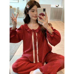 红色甜美系带娃娃领睡衣女款春秋季全棉蕾丝花边本命年家居服套装