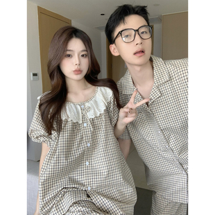 宫廷风甜美花边娃娃领格子情侣睡衣夏季短袖短裤男女款家居服套装