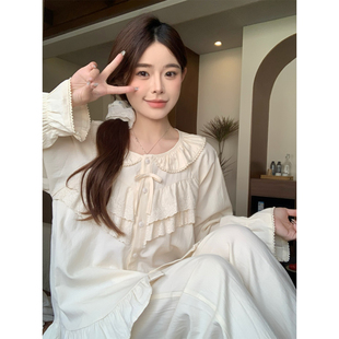 韩国甜美荷叶边透气娃娃领蕾丝公主风纯棉睡衣女法式少女家居服