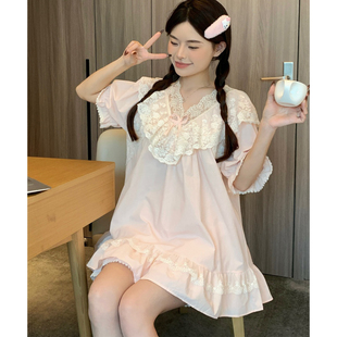 睡衣女可外穿睡裙家居服两件套春夏季 甜美可爱公主风蕾丝花边短袖