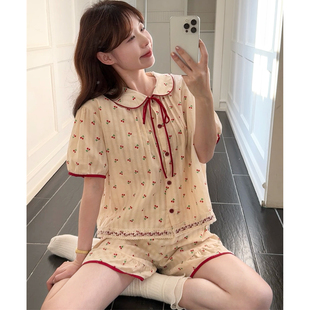 甜美小樱桃撞色可爱娃娃领睡衣女夏季蕾丝花边短袖短裤家居服套装