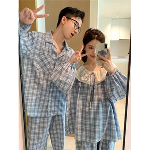春秋一男一女情侣款睡衣宫廷风甜美蕾丝娃娃领可爱格子套装家居服