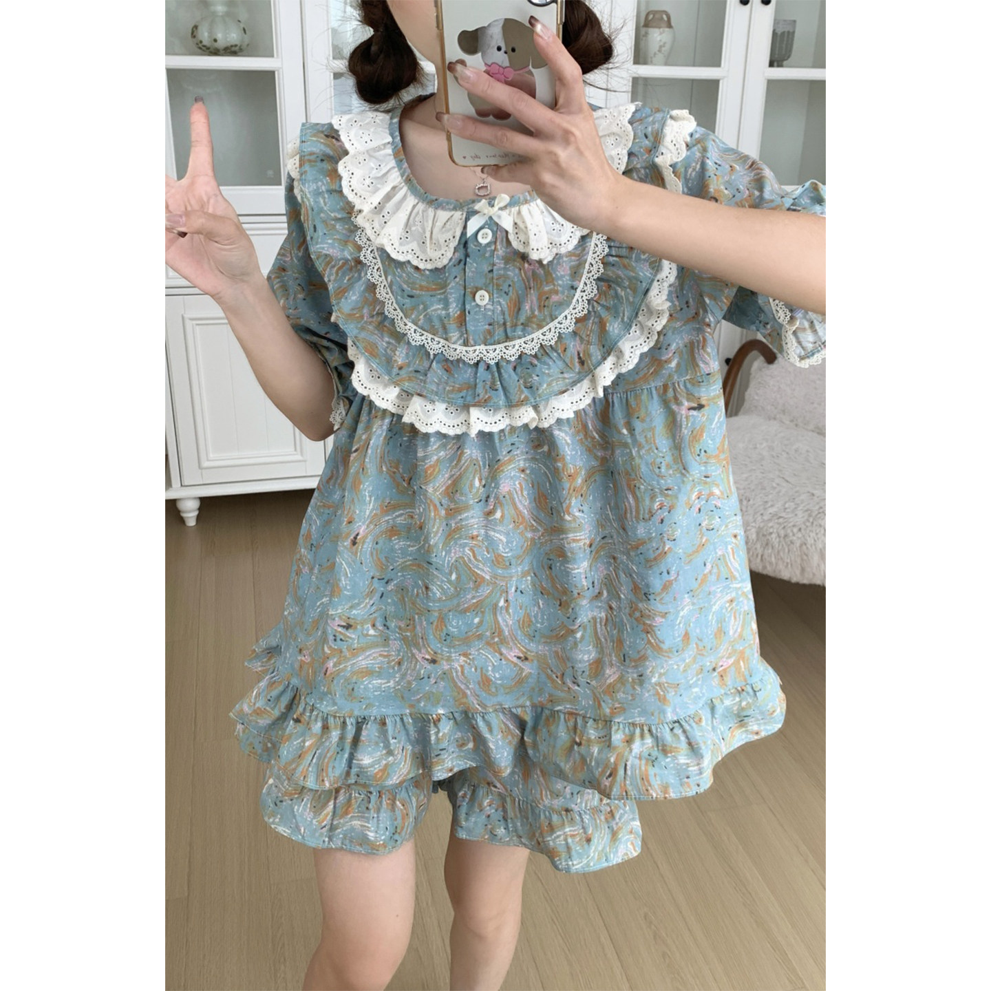 韩版甜美全棉睡衣女款夏季公主风蕾丝花边宽松短袖短裤家居服套装