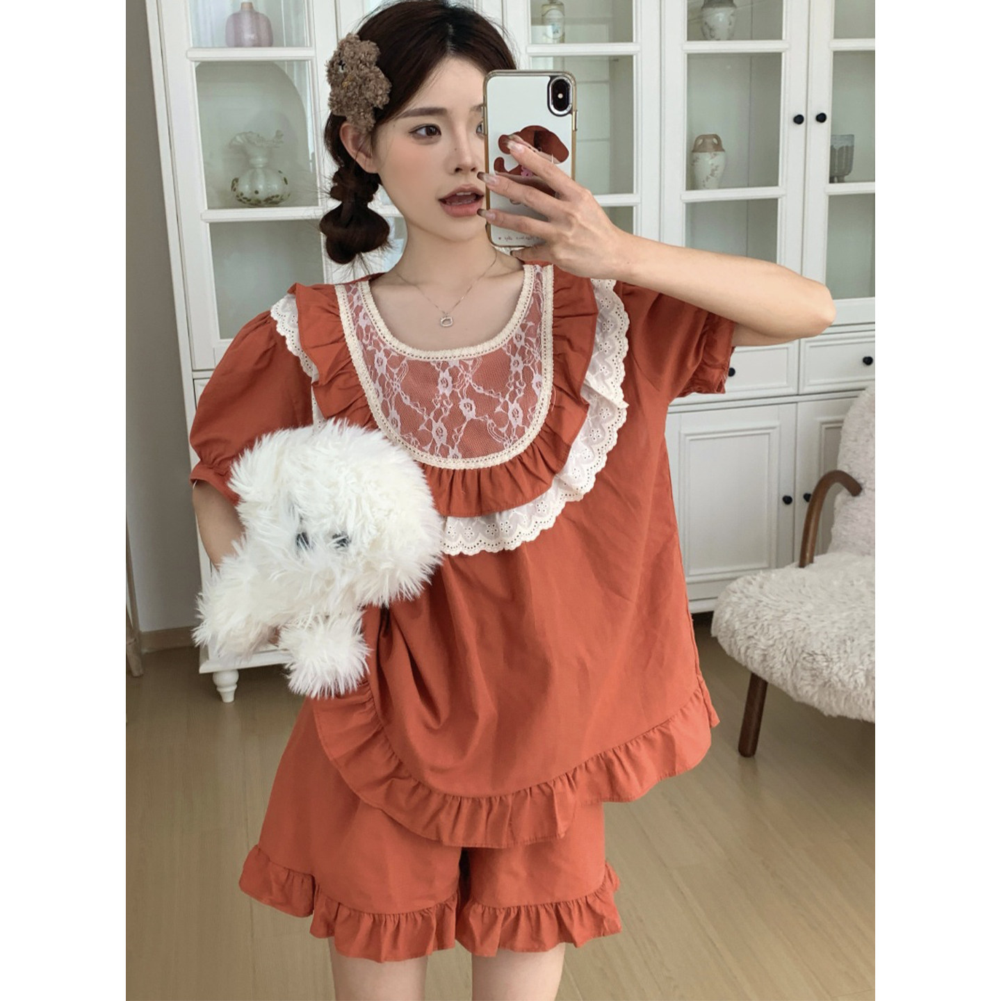 韩版甜美全棉睡衣女款夏季公主风蕾丝花边宽松短袖短裤家居服套装