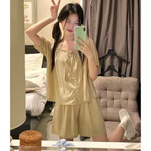 甜美蕾丝方领咸菜绿全棉布家居服两件套装 睡衣女夏季 韩版 短袖 短裤
