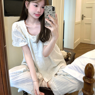 甜美蕾丝方领条纹全棉布家居服两件套装 睡衣女夏季 韩版 短袖 薄 长裤