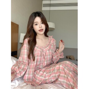 韩版甜美小清新宽松纯棉提花蕾丝娃娃领外穿家居服睡衣女长袖长裤