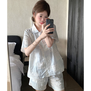蓝格碎花娃娃领睡衣女夏季韩版甜美纯棉双层纱短袖薄款家居服套装