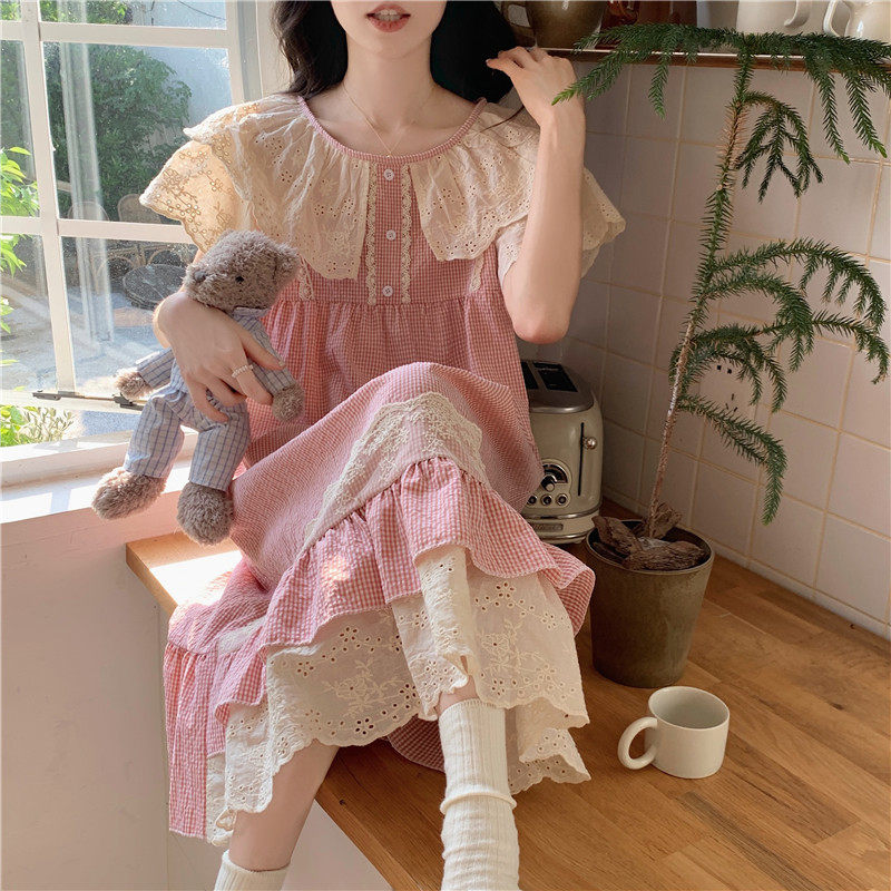 甜美可爱公主风蕾丝边娃娃领短袖睡裙睡衣女可外穿长袖家居服夏季