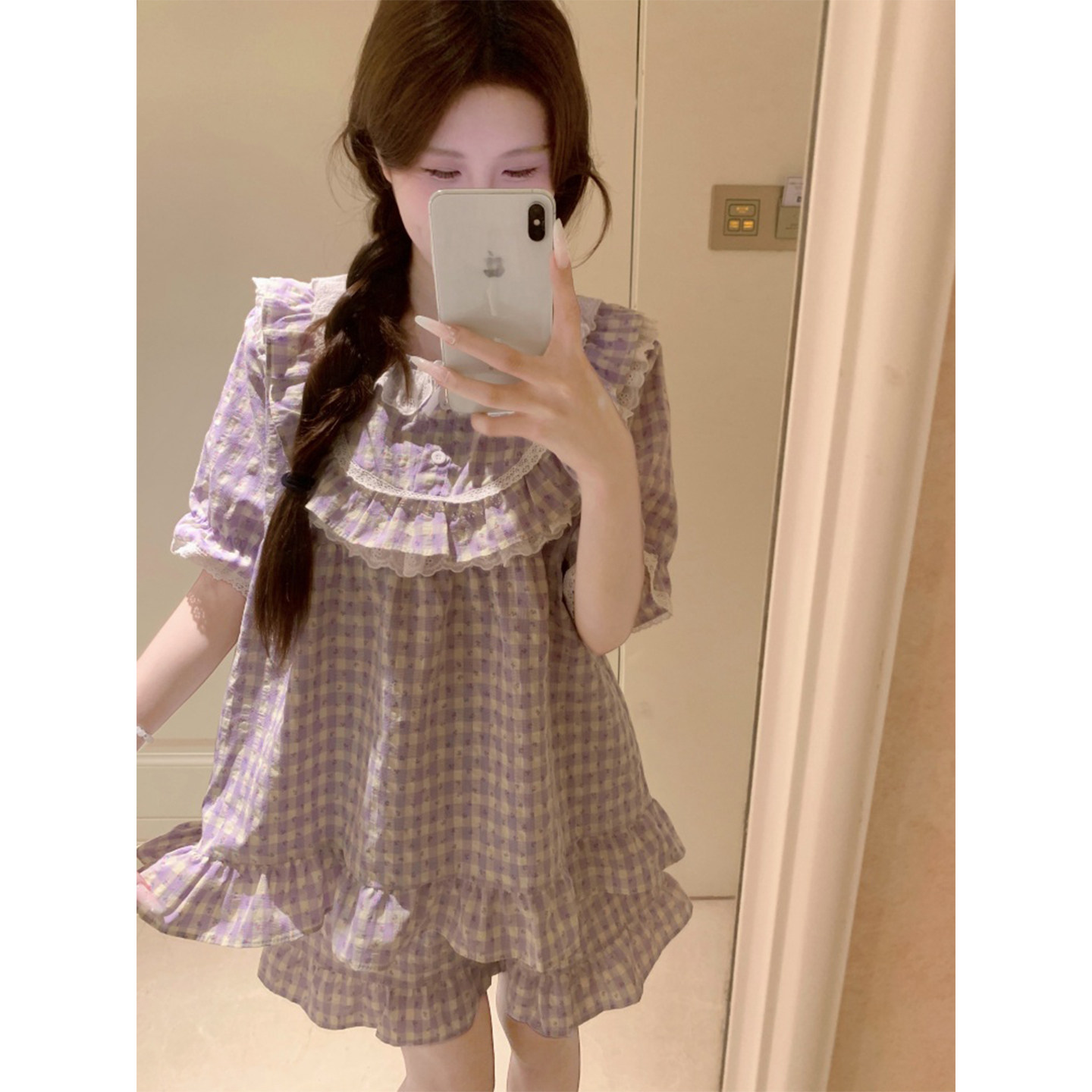 夏季蕾丝花边格子棉麻睡衣女短袖夏天公主风少女宽松家居服套装