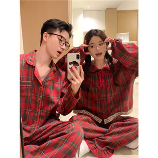 纯棉磨毛情侣睡衣男女春秋冬新款花边拼接圣诞红娃娃领家居服套装