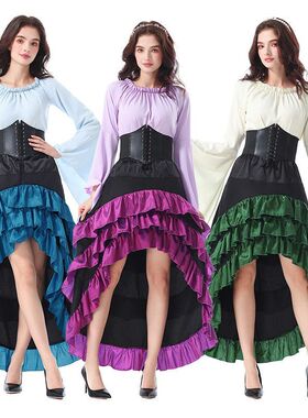 外贸款式万圣节文艺前短后长荷叶边长裙.中世纪服装海盗款塑腰裙