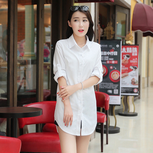 2023新品秋季女式中长款白衬衣女长袖睡衣防晒衫宽松百搭女装BF风