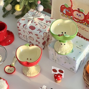 可爱苹果陶瓷创意高脚杯小众釉下彩马克杯甜品杯冰淇淋杯生日礼物