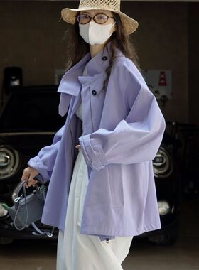 ManMans紫色休闲立领伞形风衣秋季新款日系户外A字宽松大版外套女