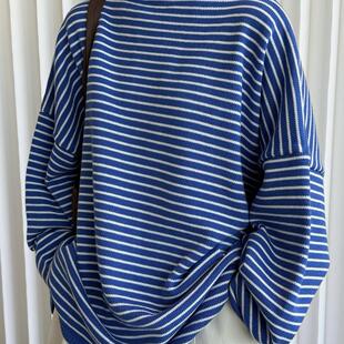 ManMans松弛感蓝白条纹毛衣秋季 日系时髦舒适立体廓形上衣女 新款