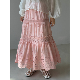 ManMans蕾丝花瓣拼接蛋糕半身裙春季 波西米亚宽松大摆长裙女 新款