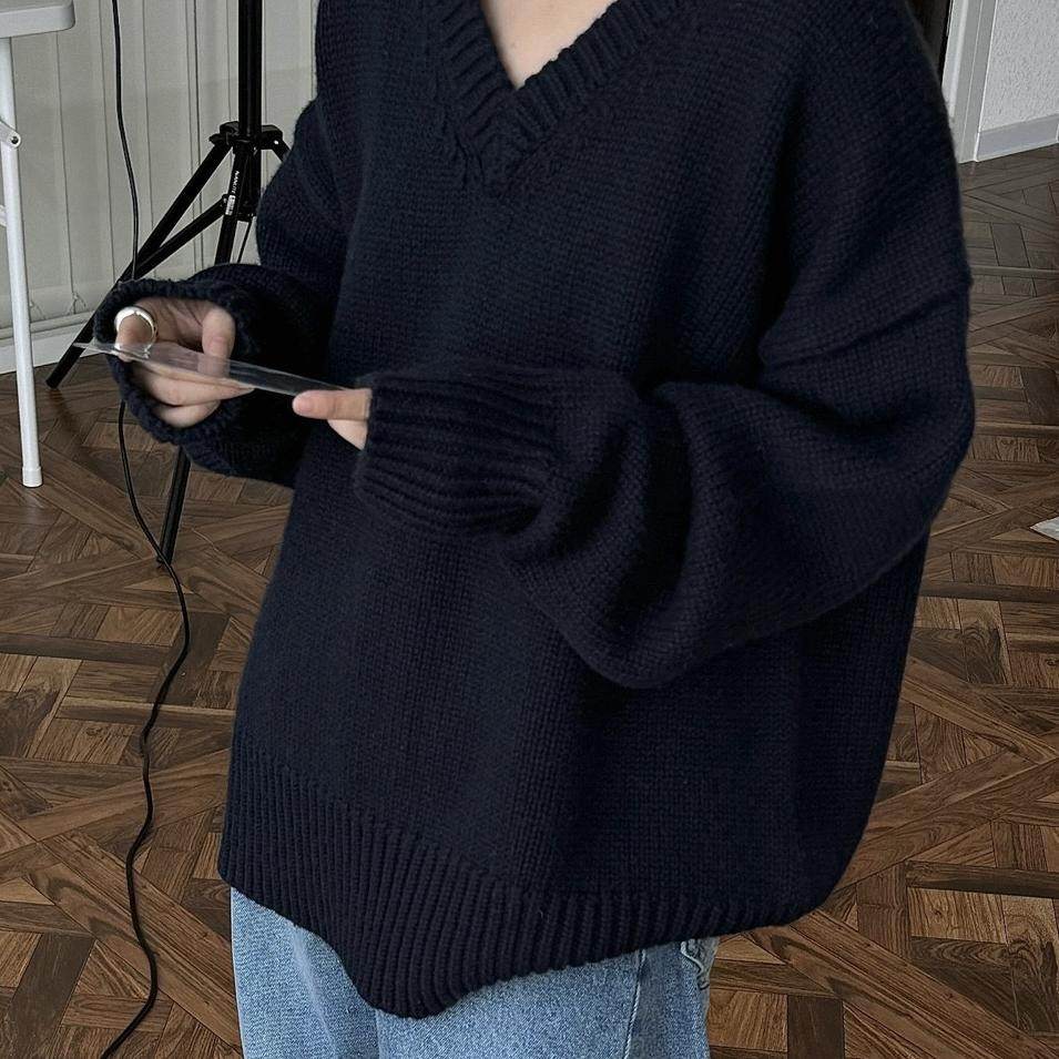 ManMans慵懒羊毛V领毛衣秋冬新款法式简约宽松廓形厚实气质上衣女