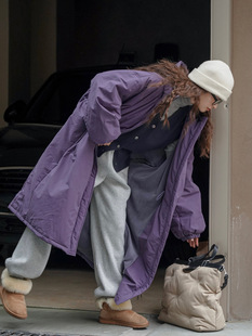 韩系宽松加绒保暖加厚棉衣外套女 新款 紫色长款 连帽棉服2025冬季