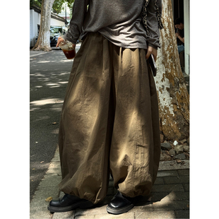 高腰宽松长裤 ManMans军绿色松紧腰阔腿束脚裤 复古美式 新款 女 春季