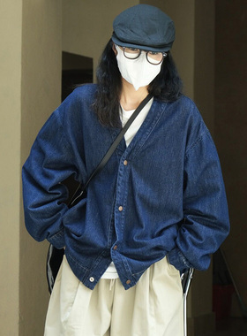 日系复古深蓝色v领牛仔外套女开衫设计感慵懒风春秋宽松休闲上衣