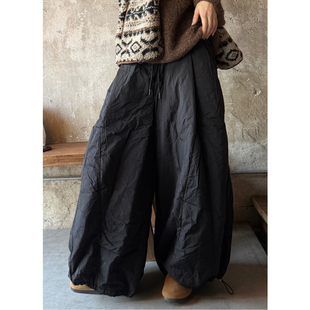 ManMans黑色夹棉抽绳阔腿裤冬季新日系宽松束脚休闲弯刀气球棉裤
