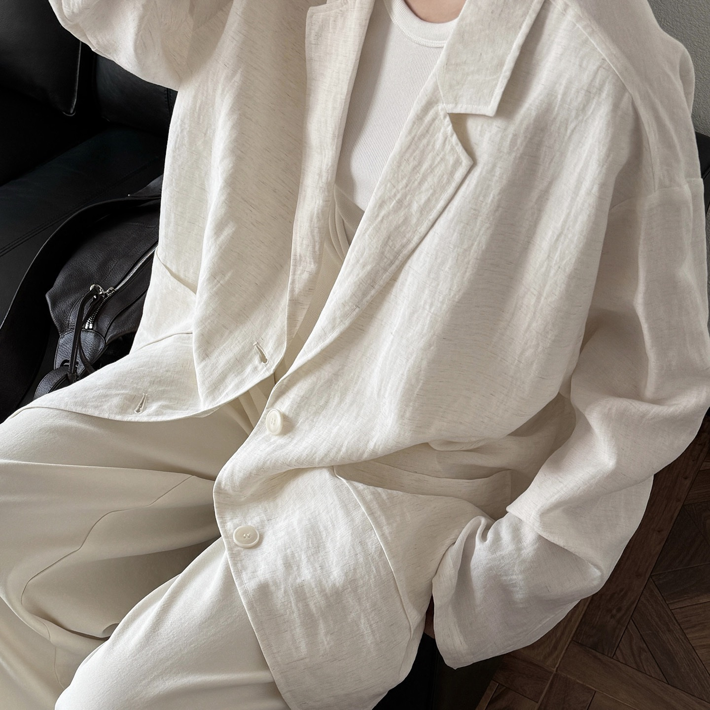 白色老钱风天丝亚麻西装