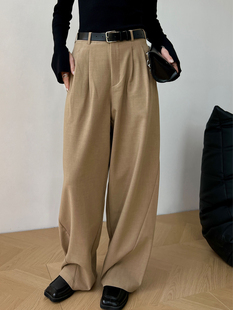 宽松廓形休闲长裤 新韩版 女 春季 ManMans卡其棕老钱风高腰阔腿西裤